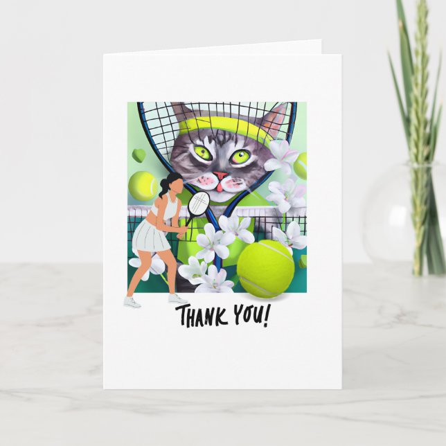 Tennis Woman Player holds racket and ball     Thank You Card (Front)