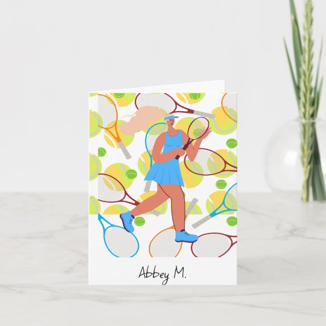 Tennis woman player is playing tennis note card (Front)