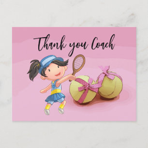 Tennis woman player thank you coach on pink postcard