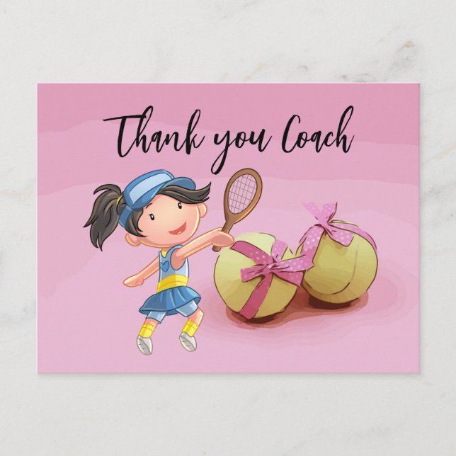 Tennis woman player thank you coach on pink  postcard (Front)
