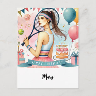 Tennis Woman Player with Happy Birthday word Postcard