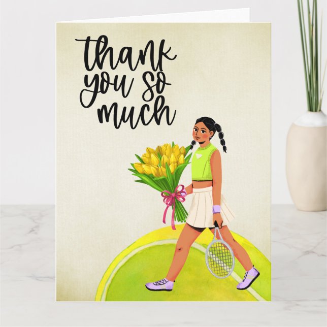 Tennis woman with flowers thank you card (Front)
