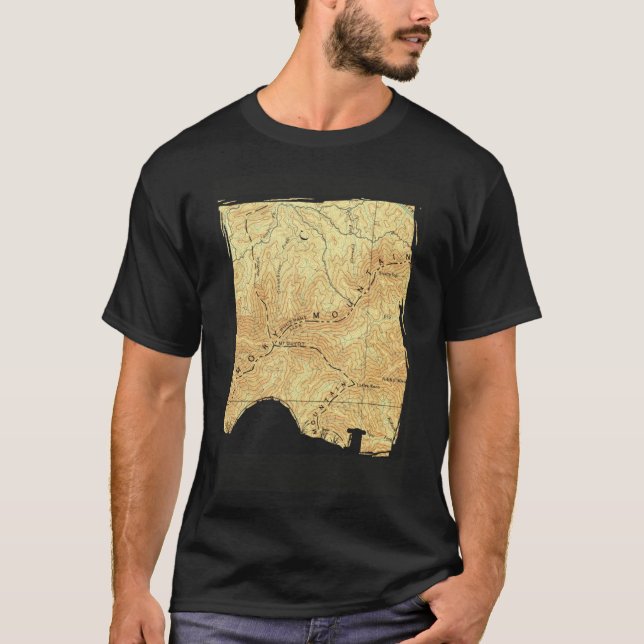 Tent and Backpack Over Topo Map Background T-Shirt (Front)