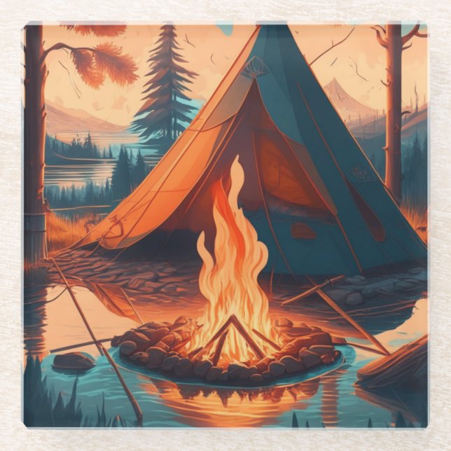 Tent and Campfire Vintage Colours Art Glass Coaster (Front)