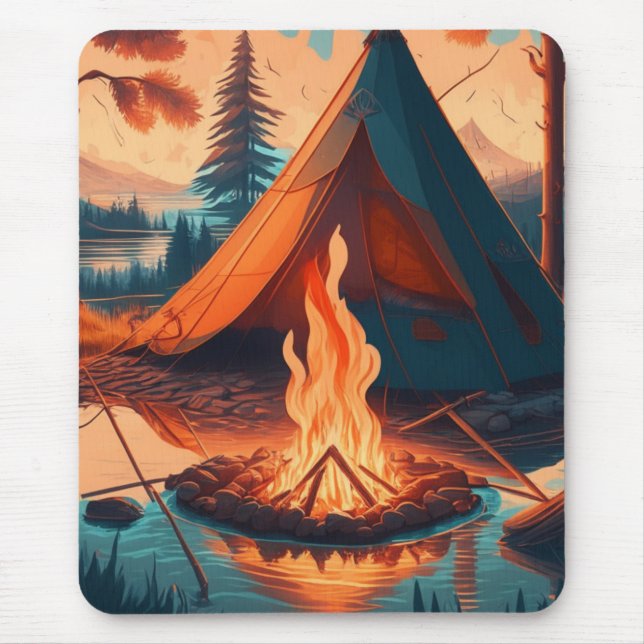 Tent and Campfire Vintage Colours Art Mouse Mat (Front)