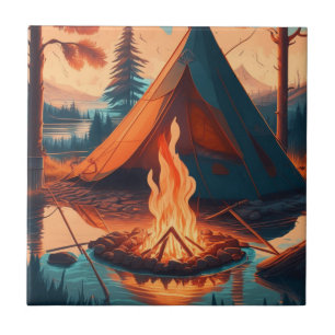Tent and Campfire Vintage Colours Art Tile