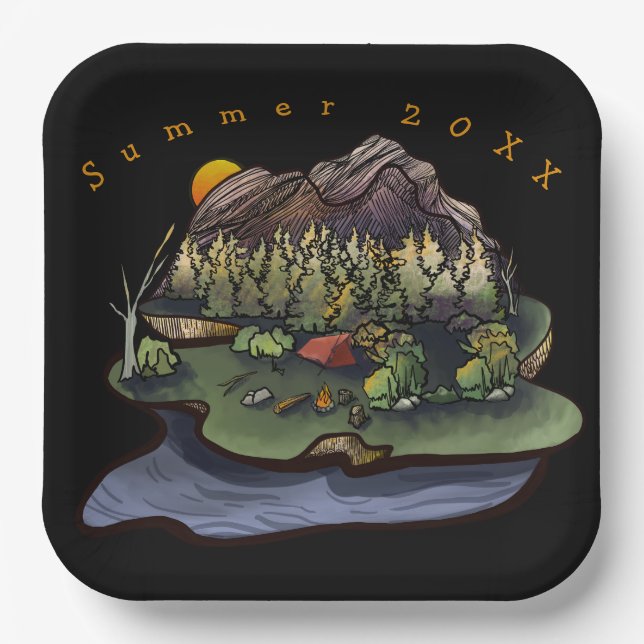 Tent Camping Woods Mountain Scene Paper Plate (Front)