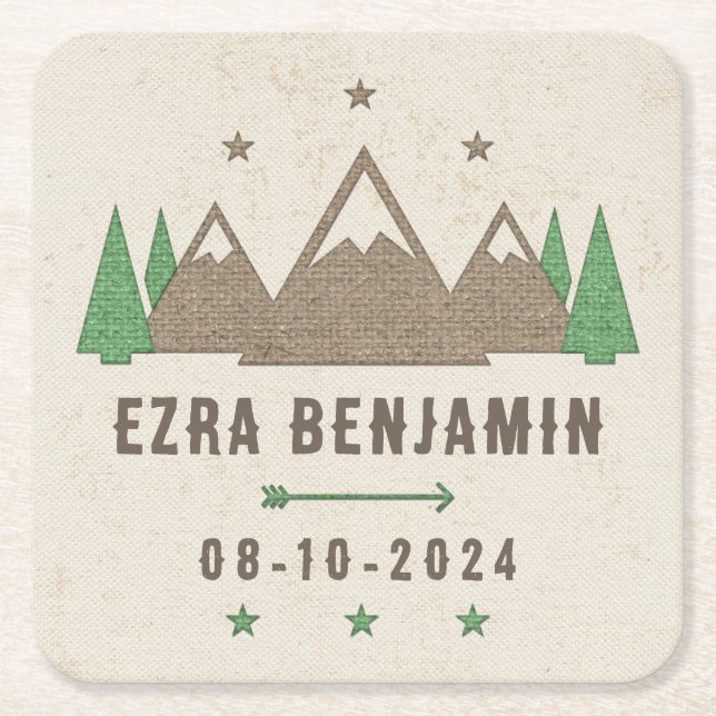 Tent Canvas Camping Bar Mitzvah Personalised Square Paper Coaster (Front)