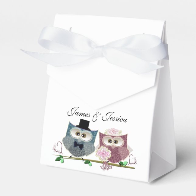 Tent Favor Box with Wedding Owls Art (Front Side)