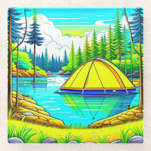 Tent Floating on the Lake Camping  Themed Glass Coaster