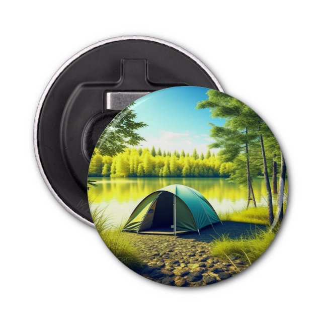 Tent in a Beautiful Forest by a Lake Bottle Opener (Front)