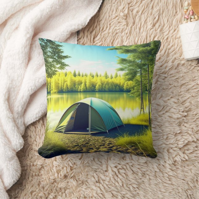 Tent in a Beautiful Forest by a Lake Cushion (Blanket)