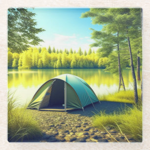Tent in a Beautiful Forest by a Lake Glass Coaster