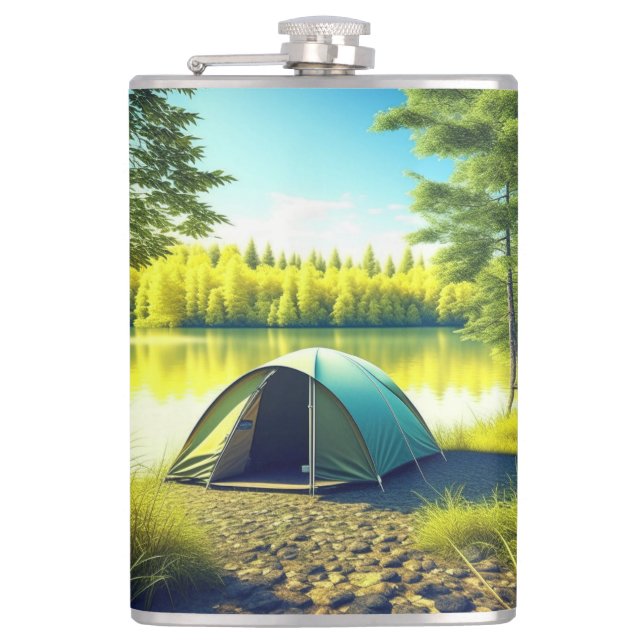 Tent in a Beautiful Forest by a Lake Hip Flask (Front)