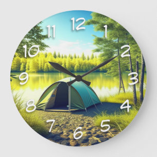 Tent in a Beautiful Forest by a Lake Large Clock