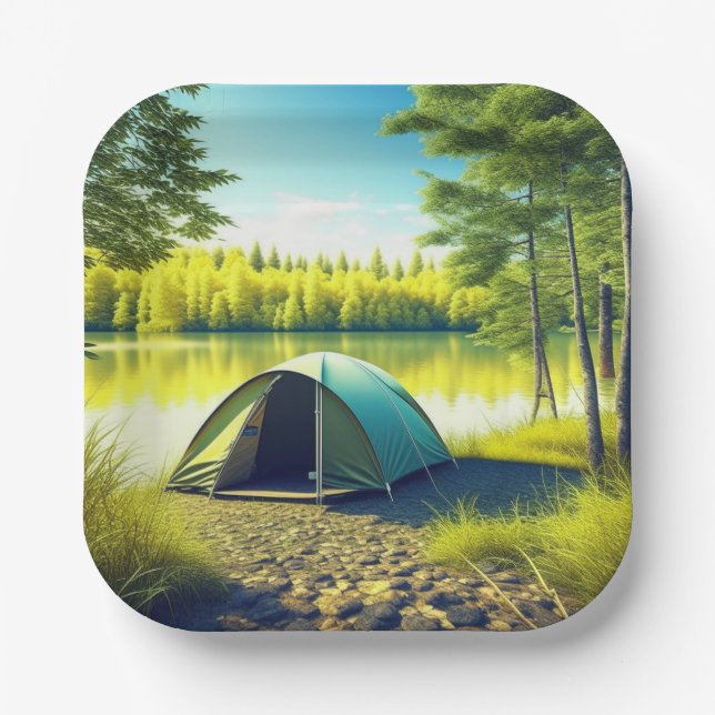 Tent in a Beautiful Forest by a Lake Paper Plate (Front)