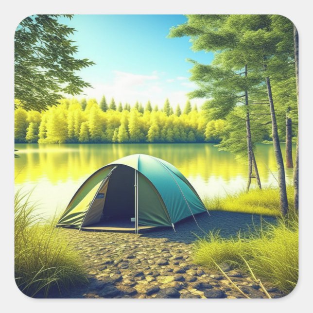 Tent in a Beautiful Forest by a Lake Square Sticker (Front)