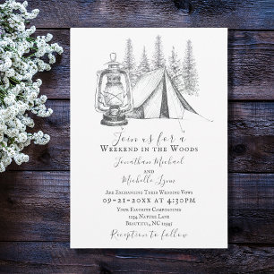 Tent, Lantern and Woodland Sketch Camping Wedding Invitation