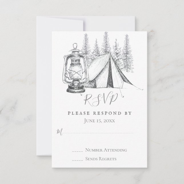 Tent, Lantern and Woodland Sketch Camping Wedding  RSVP Card (Front)