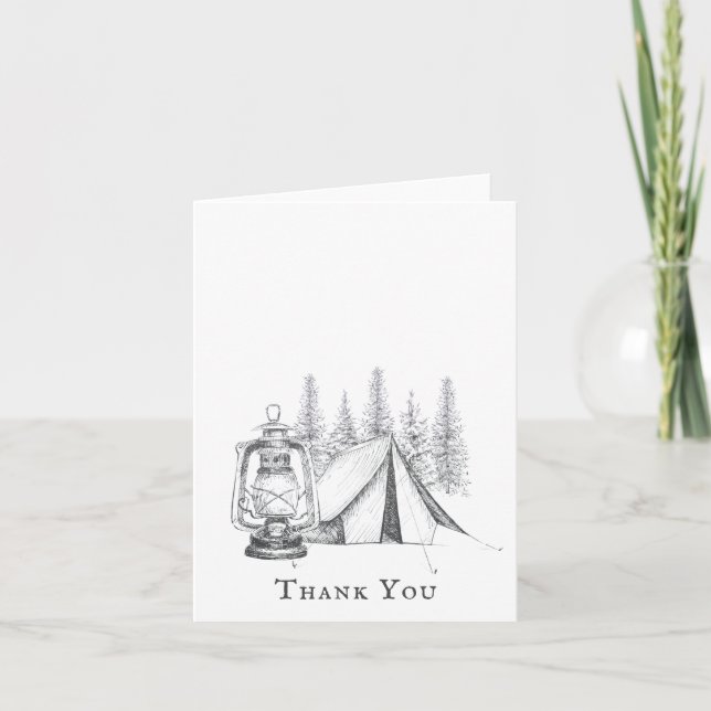 Tent, Lantern and Woodland Sketch Camping Wedding Thank You Card (Front)