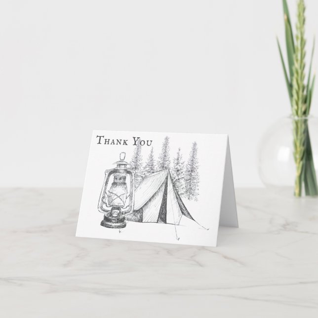Tent, Lantern and Woodland Sketch Camping Wedding Thank You Card (Front)