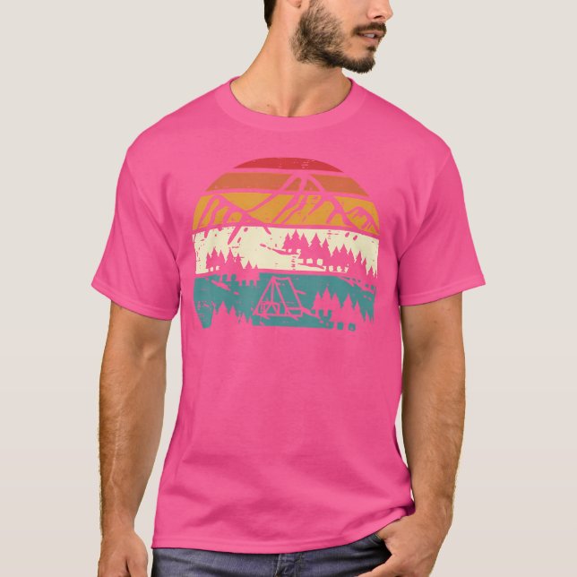 Tent Mountain Sunset Camping Retro Nature Men Wome T-Shirt (Front)