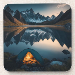 Tent, Mountains and Lake Camping Themed Art Coaster