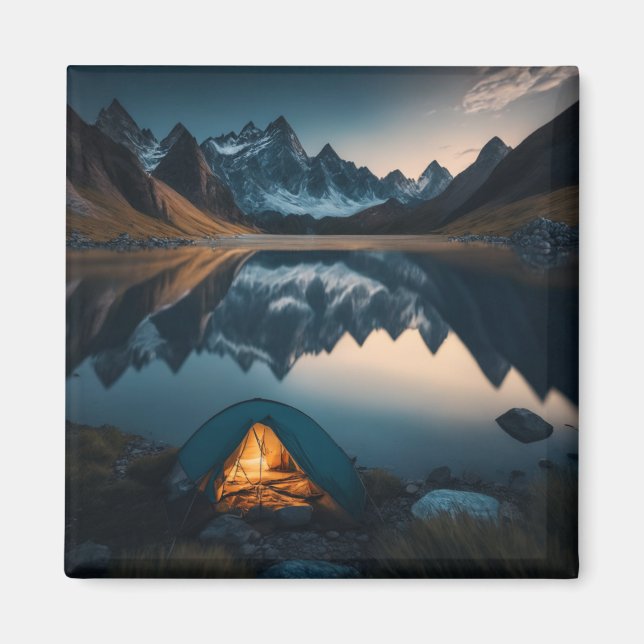 Tent, Mountains and Lake Camping Themed Art Magnet (Front)