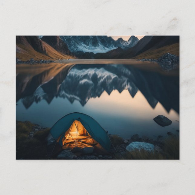 Tent, Mountains and Lake Camping Themed Art Postcard (Front)