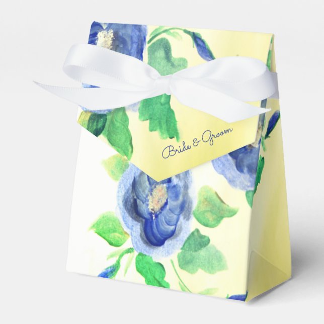 Tent Style Blue Watercolour Rose Wedding Favour Box (Front Side)