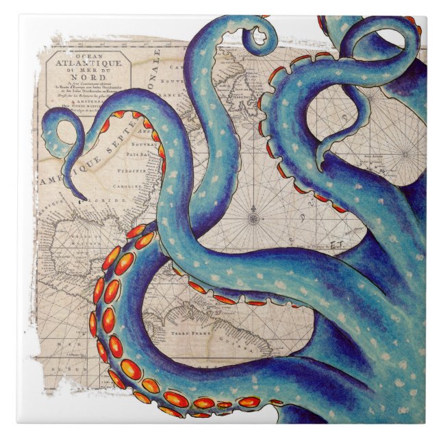 Tentacles dark blue Map Vintage Tile (Front)