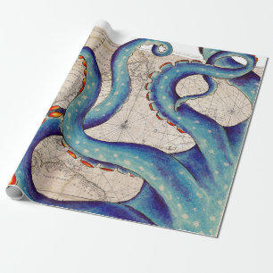 Tentacles dark blue Map Vintage Wrapping Paper