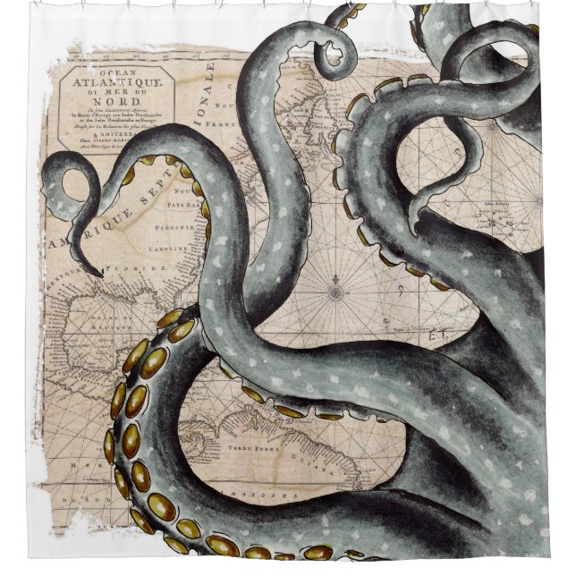 Tentacles Grey Map Vintage Shower Curtain (Front)