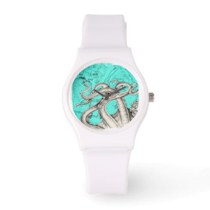 Tentacles Octopus Teal Vintage Map Ink Watch