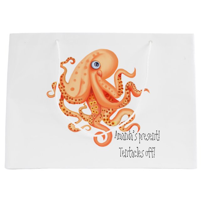 Tentacles off personalised cute orange octopus large gift bag (Front)
