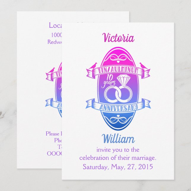 Tenth 10th wedding anniversary TIN ALUMINUM Invitation (Front/Back)
