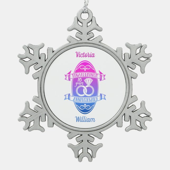 Tenth 10th wedding anniversary TIN ALUMINUM Snowflake Pewter Christmas Ornament (Front)