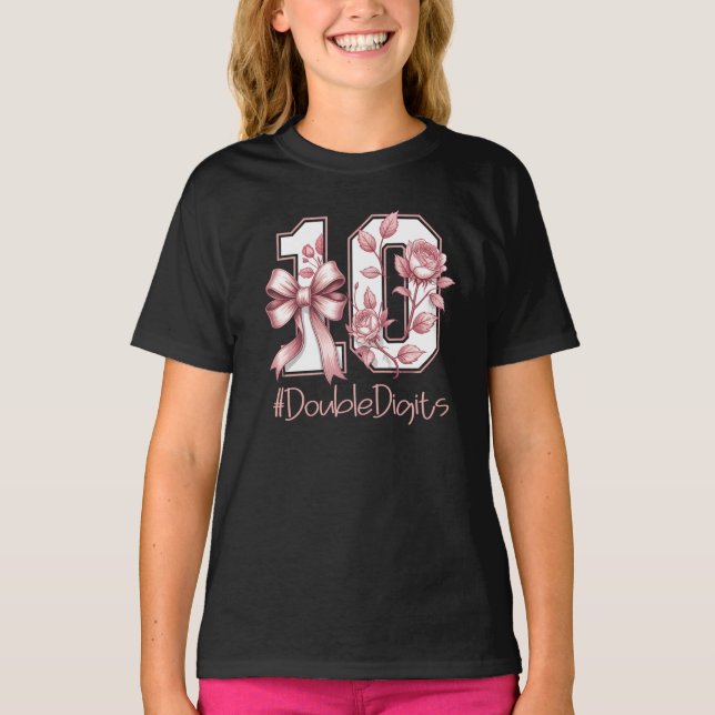 Tenth Birthday Girl Pink Coquette Bow Turning 10 T-Shirt (Front)