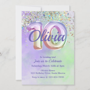 Tenth Birthday, Tie Dye, ten , Glitter Invitation