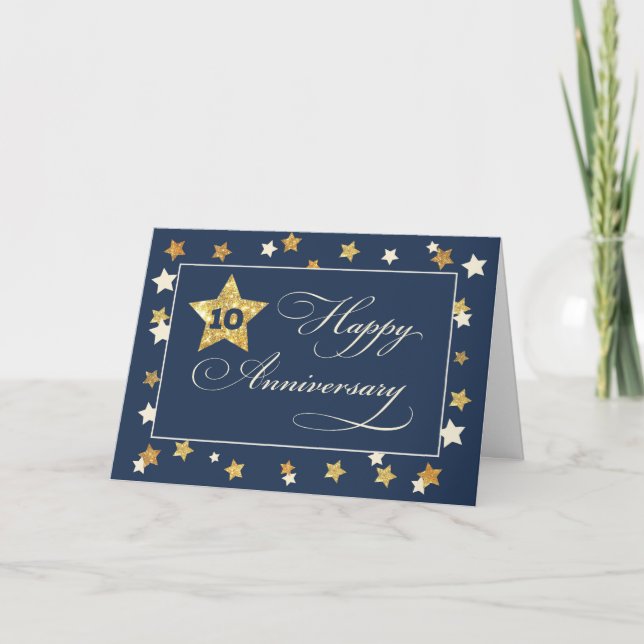 Tenth Employee Anniversary Navy Gold Effect Stars Card (Front)