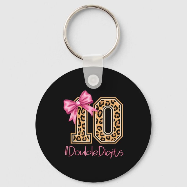 Tenth Years Old Girl Birthday Bow Coquette Leopard Key Ring (Front)