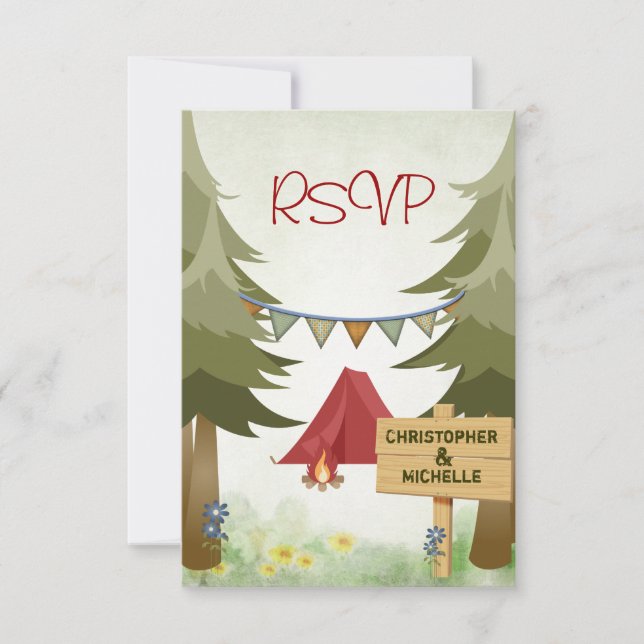 Tents and Campfire Woodland Camping Wedding RSVP (Front)