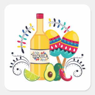 Tequila, Maracas Mexican Folk Art Square Sticker