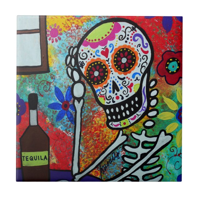 Tequila Skull Dia de Los Muertos Tiles by prisarts (Front)