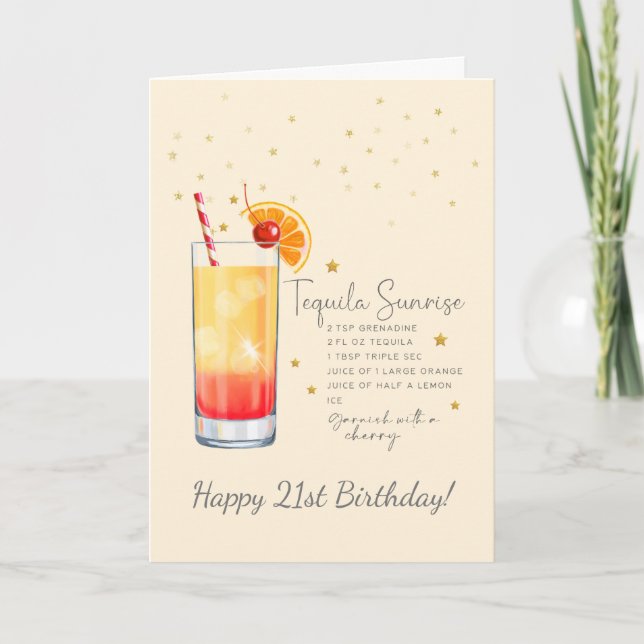 Tequila Sunrise Cocktail 21st Happy Birthday Card (Front)