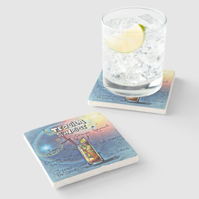 Tequila Sunrise Cocktail (#7 /12 Drink Recipe Set) Stone Coaster (Side)