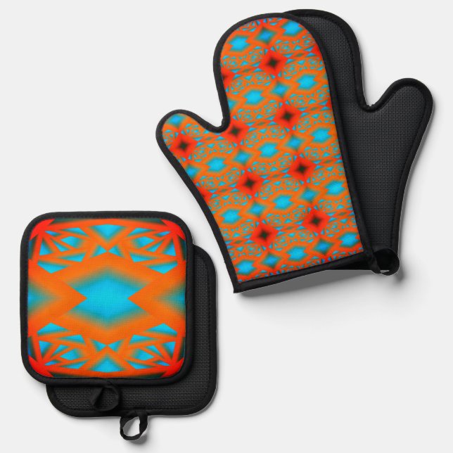 Tequila Sunrise Ombre Geometric Abstract Art Oven Mitt & Pot Holder Set (Front/Back)