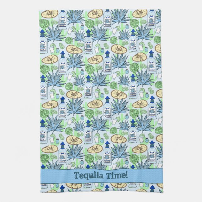 Tequila Time Cocktails Agave Plants and Sombreros Tea Towel (Vertical)