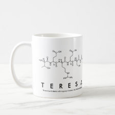 Mug featuring the name Teresa spelled out in the single letter amino acid code