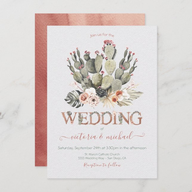Terra cotta and Cactus Wedding invitations (Front/Back)